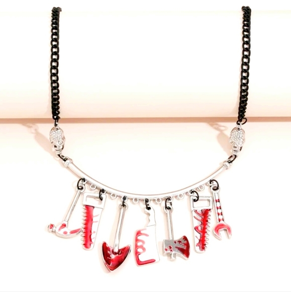 Skulls Red Stained Tools Charm Necklace Kawaii Creepy Cute Goth Serial NWT - Picture 2 of 6